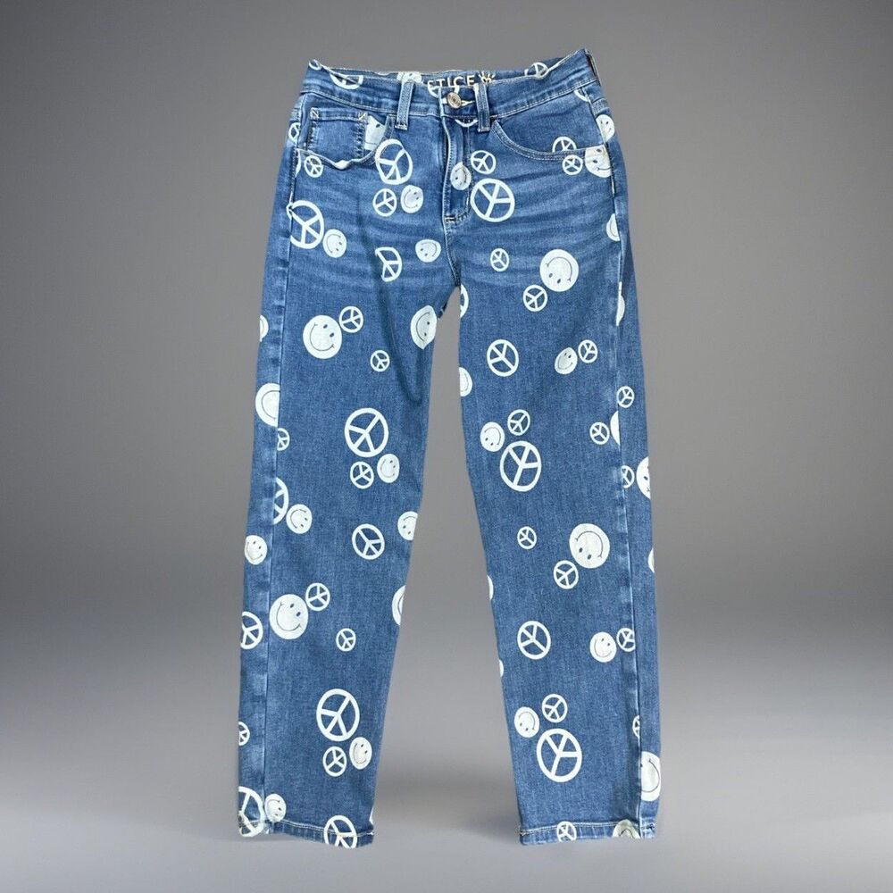 Rare JUSTICE STRANGER THINGS Girls Smiley Face Peace Sign Denim Jeans Size 14